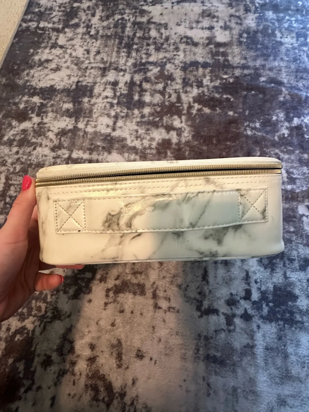 Marble-Print White Cosmetic Organizer Case with Carry Handle